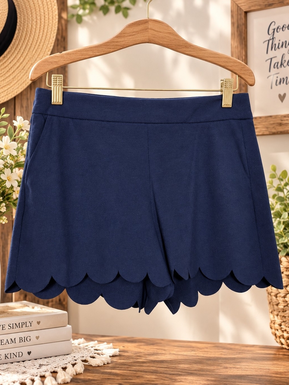 Navy Scalloped Hem Women's Shorts